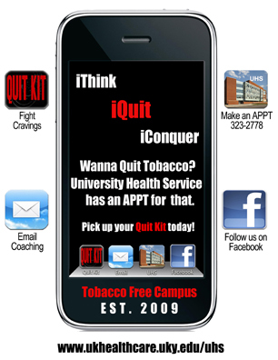 Want to quit tobacco or help someone quit? iQuit at UK can help! Call 323-2778 to make an appointment to speak with a tobaccco treatment specialist today.