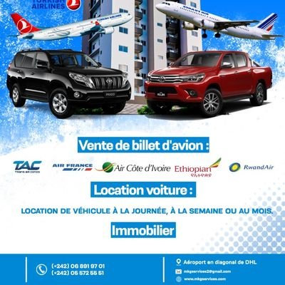 Location Véhicule/ Agence Immobilière/Agence de Voyage.  Page Facebook: MKG-SERVICES   
Email: contact@mkgservices.com
 Contacts:(+242)06 891 97 01/05 572 55 51