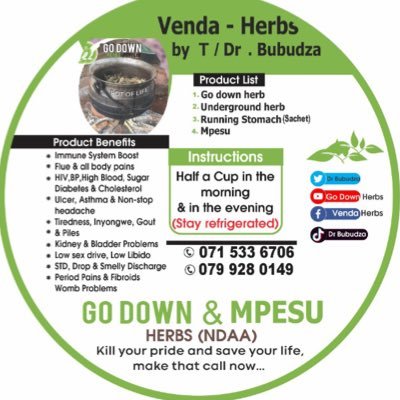 0715336706, Venda herbalist from Limpopo, his family had a calling and now he is healing people with organic natural herbs called Go down herbs🌿🍀☘️