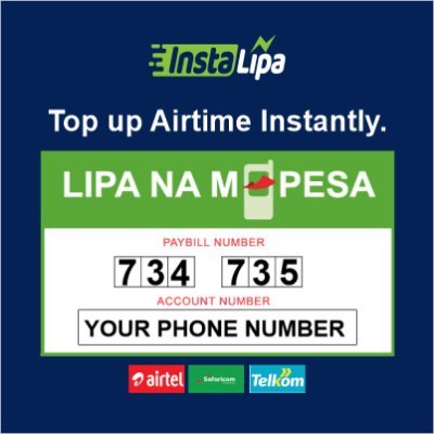 Buy safaricom, telkom, and airtel airtime using mpesa paybill 734 735. Enter the phone number to be topped up as the Account number.