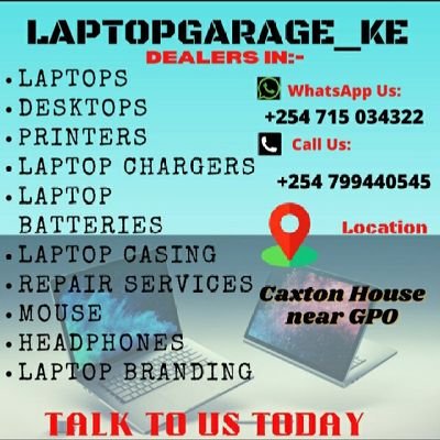 Brand new laptops ,Ex-UK laptops ,printers ,peripherals and any other gadget platform for you and your family. Talk to us on 0799440545/0715034322