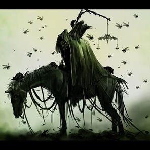 Ain withered, starving-thin man hath ain jackal’ſ skuī̆ple with jaggede teeth. Hæ holdſ ain scalæ bihofþe weigh grain a'd rideſ ain emaciatede black horsæ.