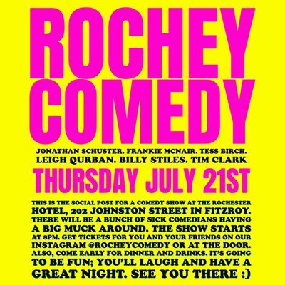 The best stand up from Australia and sometimes abroad! Every Thursday at the Rochester in Fitzroy, 8pm sharp!