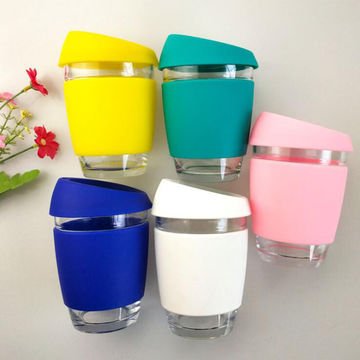 Factory direct sale:reusable glass coffee cup,16oz, 12oz ,8oz, high quality borocilicate glass and food grade silicone lid and band