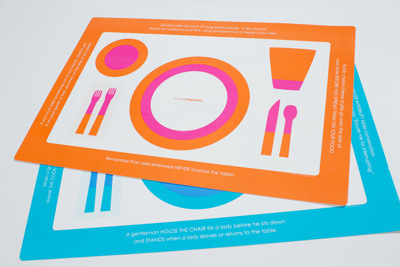 lovelymanners's profile picture. Fun & helpful Table Manners featured on bold, modern placemats.  Eco-friendly! Sets of 6 in Orange/Pink, Blue/Turquoise, or Gray.  Over 24 manners in each set.