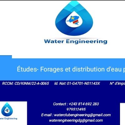 Ets d'ingénierie spécialisé dans l'étude et réalisation de forage d'eau potable en RDC.
Nos services : Forage d'eau, château d'eau, Consulting des projets, etc.