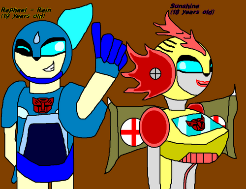 Hi all! We're the twins Sunshine and Rainstorm. We're from Cybertron but we live in Detroit, so our language is a mix between Cybertronian and American English.