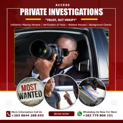 Access Investigation Services is Harare's leading & Exprienced private investigating Agency Call or Whatsapp +263779806151.