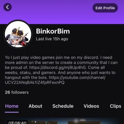 Hey I'm Tyler aka BinkorBim I’m streaming on twitch more then uploading to YT now a days. I’ll just be playing and watching anime in my free time.