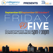 Greensboro Friday at Five benefiting local charities on 9/30 & 10/7 (5 - 7:30pm)  Food, Drink, Music, and Fun for a great cause