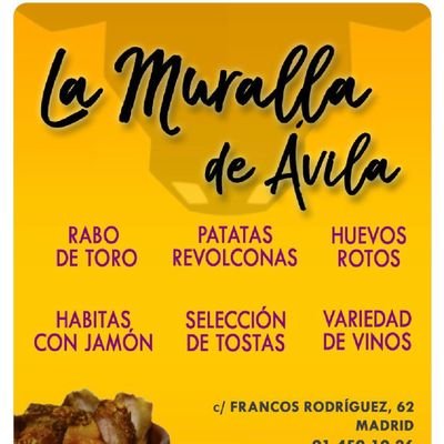 Cervecería La Muralla de Ávila.
Si te gusta comer y beber bien, estamos en la calle Francos Rodríguez 62, Madrid.
Teléfono: 91 4591036
