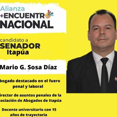 mariososa2023's profile picture. ■Abogado.
■Docente universitario.
■Magister en Ciencias Forenses.
■Presidente del PEN Encarnación.
■Candidato a Senador Nacional por @alianzaenpy