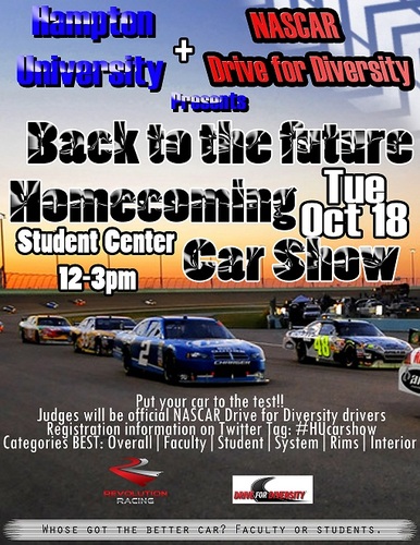 Come out to support Hampton university's first car show October 18 from 12-3. Prizes and Giveaways. Have a Great time enjoying the Show!