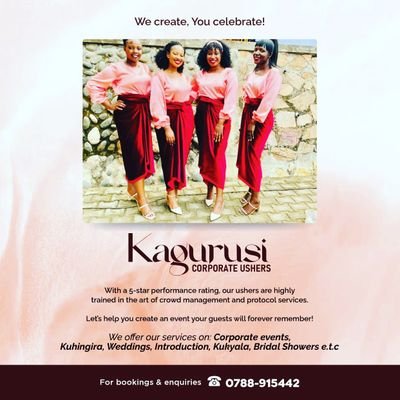This is the Official Twitter handle for Kagurusi Corporate Events.
We offer services on Corporates,Kuhingira,Weddings,Introductions e.t.c 
Tel: +256 788 915 442