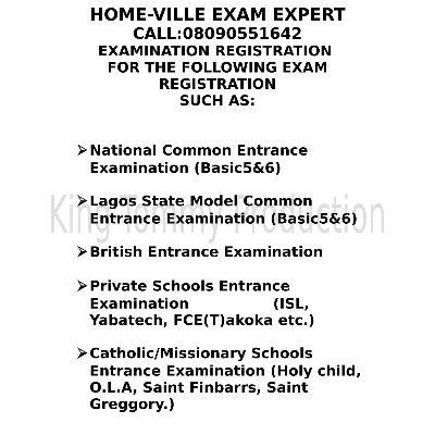 Kindly contact us on 08090551642 for your examinations registration and assistance.Examinations such as NCEE, Junior Waec,Waec, Neco,Gce.