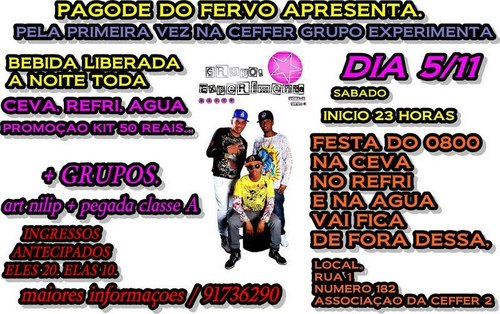 NÃO PERCAM INAUGURAÇÃO DO PAGODE DO FERVO DIA 5/11
NA ASSOCIAÇÃO DA CEFER 2 BEBIDA LIBERADA A NOITE TODA
