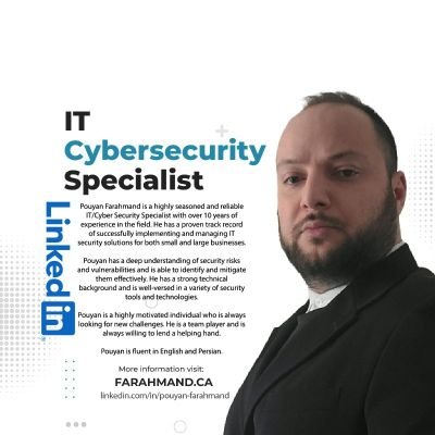 farahmandpouyan's profile picture. Pouyan Farahmand is a highly seasoned and reliable IT/Cyber Security Specialist with over 10 years of experience in the field. He has a proven track record...