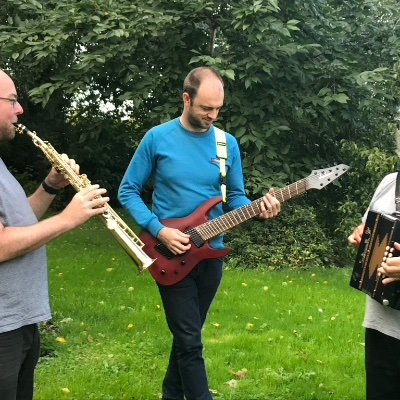Ceilidh band featuring Matt Keegan-Phipps on saxophones & recorder, Josh Smallbone on 8 string guitar and Ray Langton melodeons and foot cajon
