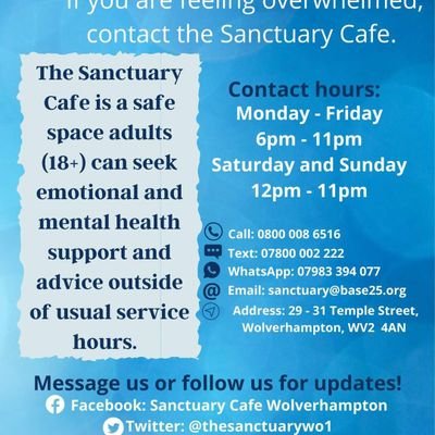 Welcome to the Sanctuary Cafe.  If you’re feeling overwhelmed and don’t know where to turn to get mental and emotional support come and see us at the Sanctuary