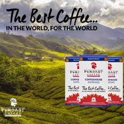 The Best Coffee - In the World, for the World.  Drink Puroast Coffee = 70% less acid, 7X Antioxidants, and use 100% Renewable Fuels