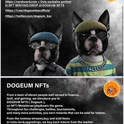 Dogeum is the next generation blockchain game which includes p2e/metaverse/NFTCard game👍 There will be only 5000 exclusive game character as DogeumNFTs