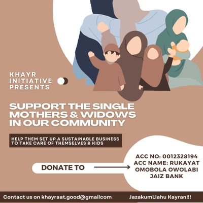 A non-profit program, dedicated to providing financial/resource relief to muslim widows, divorcees and single mothers.
email: khayraat.good@gmail.com