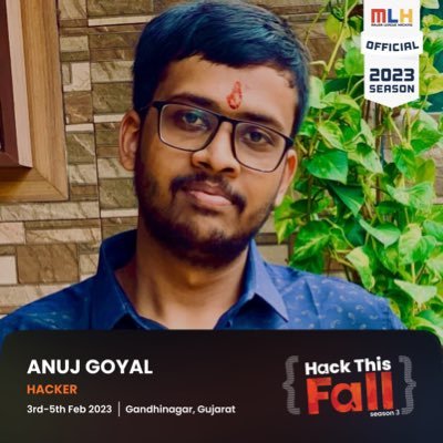 anujgoyal0809's profile picture. GSSoc’20 | ICPC’20 Regionals | VIT’23 | Competitive Programmer | Backend Developer | Blockchain | 5+ Hacks 🏆
