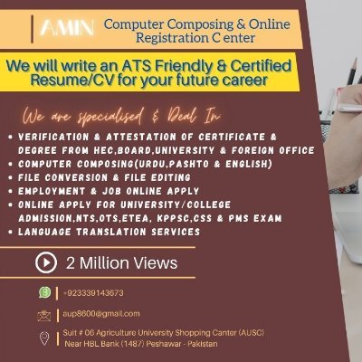 i am Syed Amin belong to Peshawar Pak. I am senior Computer Operator by profession i have excellent experience to write an ATS Friendly and certified resume/cv