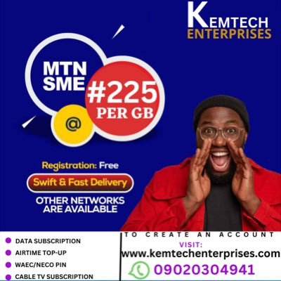JOSHUA_ALABI_'s profile picture. Kemtech Enterprises is a convenient platform for purchasing data, airtime, cable &Waec/Neco subscriptions.