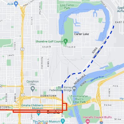 The proposed Streetcar in downtown Omaha, NE should extend all the way to Eppley Airfield.