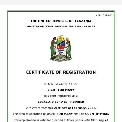 Certified Legal Aid Service Provider in United Republic of Tanzania