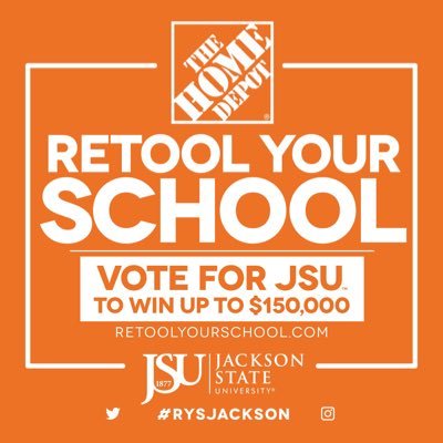 Help Jackson State win up to $150,000 in the Retool Your School Competition by Home Depot. Use the hashtag #RYSJACKSON and or go to the official website to vote