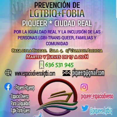 🏳️‍🌈 Oficina de información, asesoramiento y sensibilización LGTBIQ
📩 piqueerp@gmail.com  ☎️ +34 636531945
Somos la Asociación Espacio Diverso LGTBI