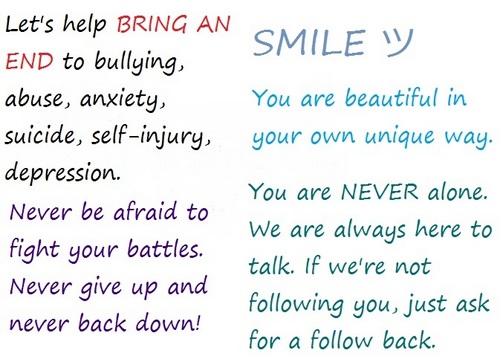 BringAnEnd's profile picture. You're beautiful & we love you! Let's help bring an end to bullying, abuse, anxiety, suicide, self-injury, depression. Need someone to talk to? Tweet or DM us.