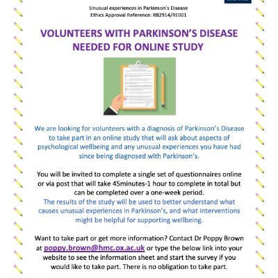 Research at UniofOxford on unusual experiences in Parkinson's. to find out more and take part: https://t.co/zCsSY31Lxh