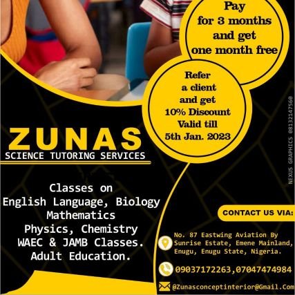 Zunas Tutoring services is a Private Tutorial company located in Enugu. It specializes in tutoring major Secondary school students of all levels , Exam classes.