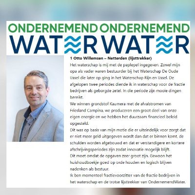 Lijsttrekker OndernemendWater bij Waterschap Rijn & IJssel. Duurzaamheidsrealist en auteur. Ervaren waterschapsbestuurder.