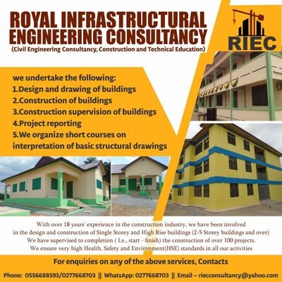 RIEC undertakes the following:
1. Design and drawing of buildings
2. Construction of buildings
3. Supervision of buildings
4. Project reporting 
5. Training