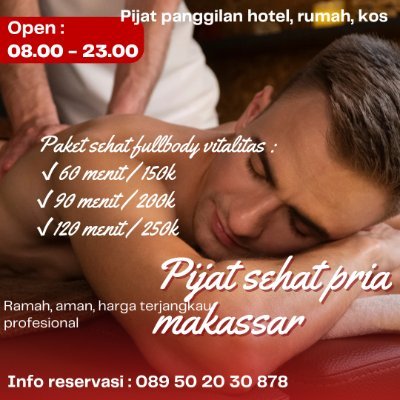 Melayani pijat seluruh badan dan treatment vitalitas khusus pria dan privacy aman serta harga terjangkau

#pijatpriamakassar
@pijatmakassar