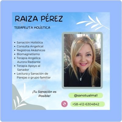 Sanación Holística
Terapia Angélica
Sanación Linaje Materno
y Paterno
R. Akáshicos
Dios y mis Ángeles me guían😇
Venezolana🇻🇪
Nac/Inter
+584126304842