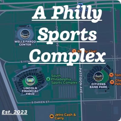 Twitter page for the podcast “A Philly Sports Complex” Pod available: Spotify, Apple, iHeart, Amazon, & more