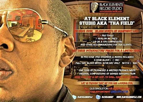 Black Element recording studio located in Hampton,VA. Radio ready! Free hour, & intro. price of $35 P/H. Gus 269-274-3725