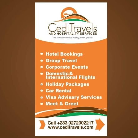 Business Events planning
Hotels & apartments bookings in Ghana Contract Negotiations
Tour Packages
Car rentals
Passport & Visa advisory services.