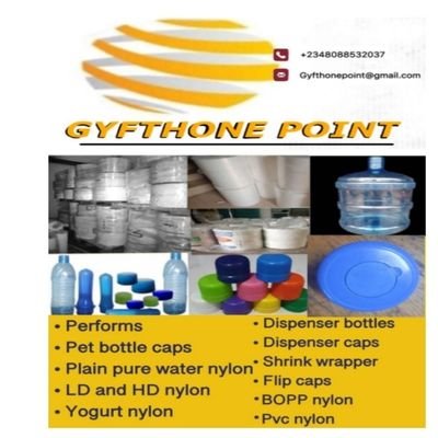 We produce pet bottle preforms,bottle caps,plain and printed pure water nylon rolls,shrink wrapper, labels etc
 
Gyfthone Point
Contact us on  2348088532037