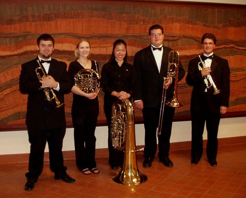 A fresh brass quintet consisting of trumpet, flugelhorn, french horn, trombone, and tuba.