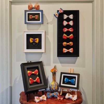 Our project: Fashion Becomes ART! These beautiful handmade bowties are presented in frames, suitable for display yet fashionably wearable on special occasions