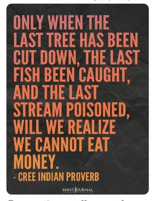 Only after the last tree has been cut down, the last river has been poisoned, the last fish caught. Only then, will we realise, we cannot eat money.