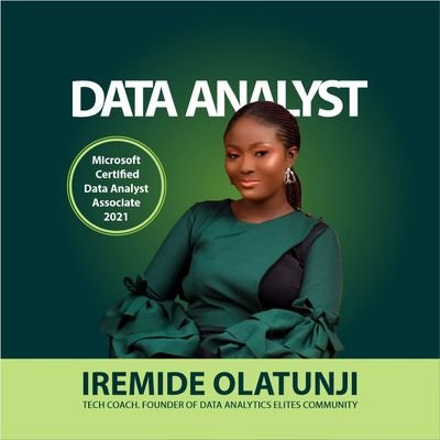 Founder : Data Analytics Elites Global Community 
I empower aspiring data analyst from Novice to Mastery.
Certified Data Analyst Coach
Contact me: 09034750619