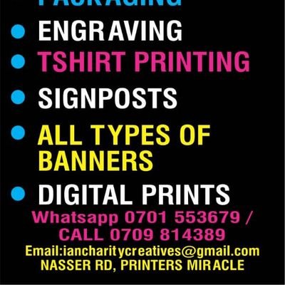 Our services:- Branding, staff ids, embroidery (labeling),Publishing, signposts & banners, office stationery &  General printing & supply.whatsapp