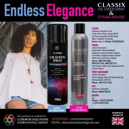 Ultravox Ltd , a cosmetic  design and marketing  company across Nigeria. Products include:  Classix Mousse. Classix Oilsheen and  Diamond Luster Spritz ....